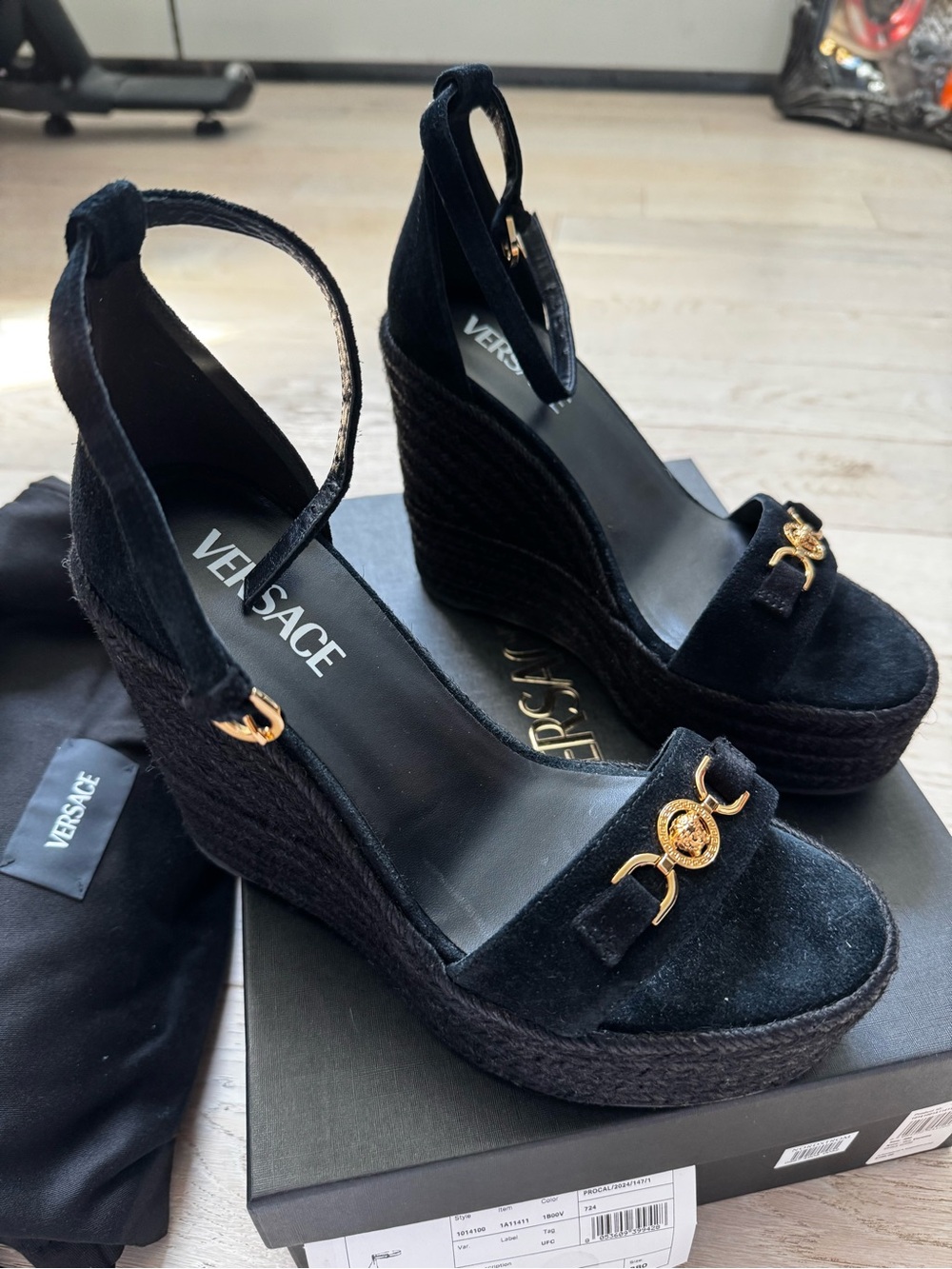 Brand New Versace Black Suede Wedge Sandals with Gold Medallion Accent